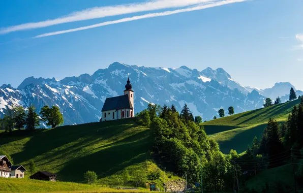 Forest, mountains, Austria, houses, chapel, Hochkönig