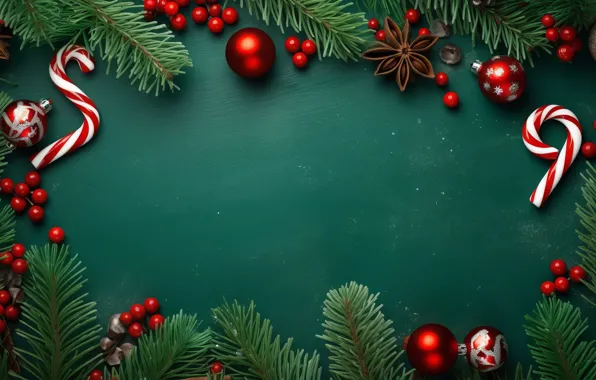 Balls, branches, Christmas, red, New year, needles, bumps, green background