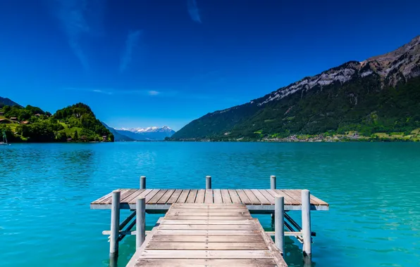 Mountains, lake, relax, calm, Switzerland, the bridge, Iseltwald