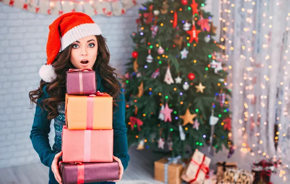 Girl, decoration, red, face, room, holiday, box, gift