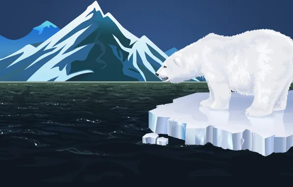 Sea, Minimalism, Mountains, White, Bear, Background, Polar bear, Polar Bear