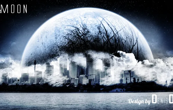 Nature, the moon, landscapes, City, Moon, photoshop