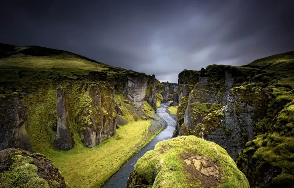 Stream, storm, canyon, gray clouds