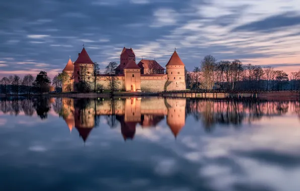 Sunset, lake, reflection, castle, Lithuania, Trakai, Trakai, Lithuania