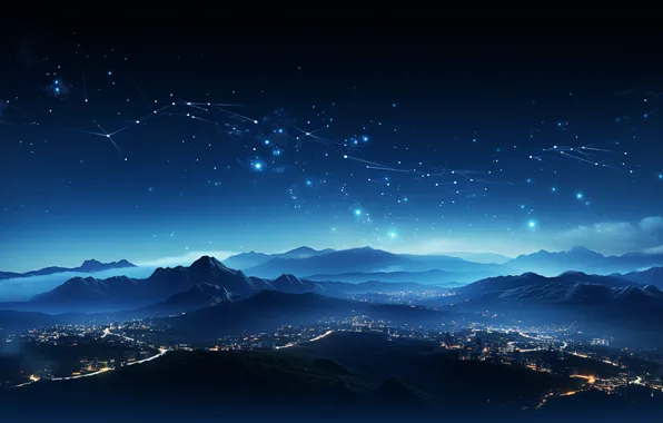 Lights, sky, landscape, mountains, stars, blue background, digital art, AI art