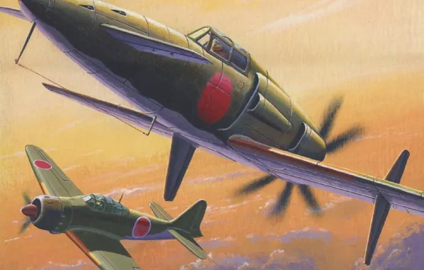 Picture the sky, sunset, fighter, Mitsubishi, Art, duck, Japanese, Zero