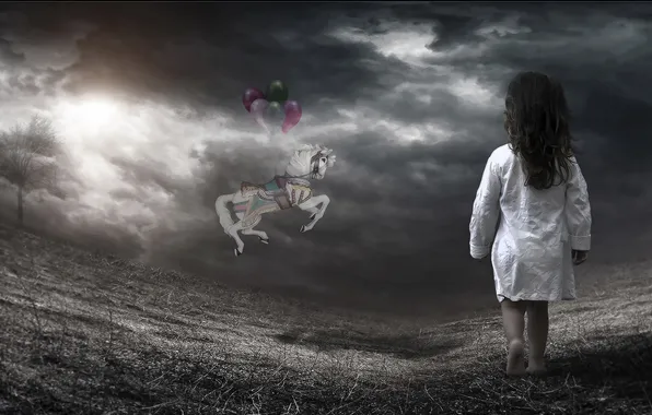 Picture dark, photomanipulation, child, Horse, Balloons