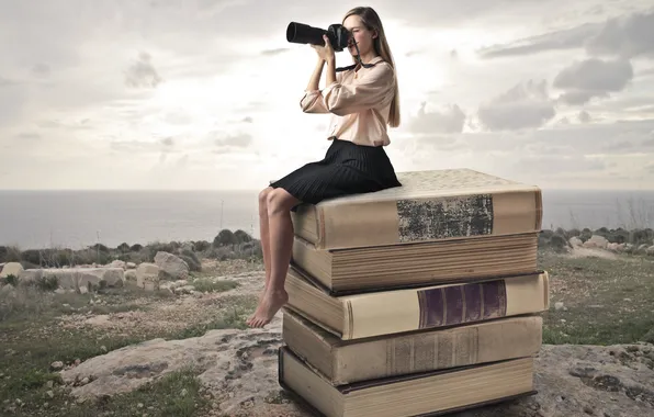 Grass, girl, stones, creative, the camera, blonde, book