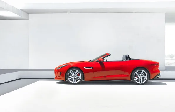 Picture Jaguar, Red, Convertible, Sports car, F-Type, Side view