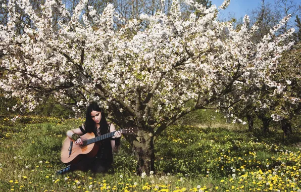 Girl, guitar, spring, garden