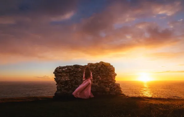 The sky, girl, the sun, clouds, sunset, nature, pose, fog