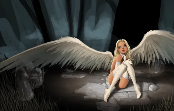 Look, girl, pose, fiction, angel, art, blonde, sitting
