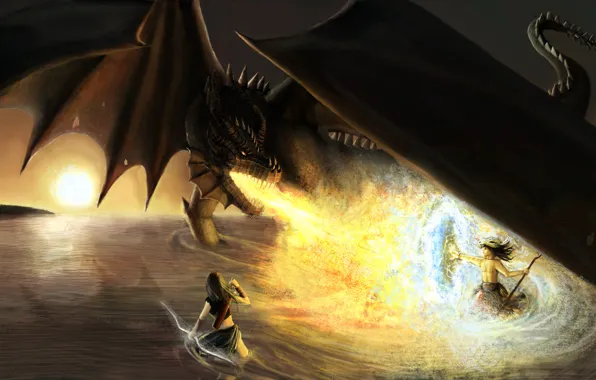 Picture weapons, fiction, fire, dragon, wings, sword, art, shield