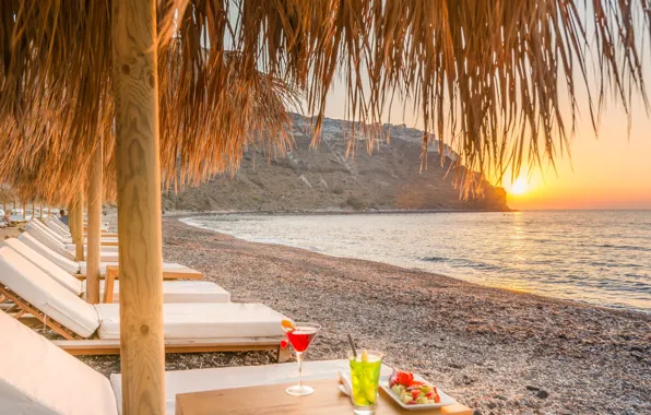 Sea, beach, sunset, mountains, coast, the evening, umbrellas, resort