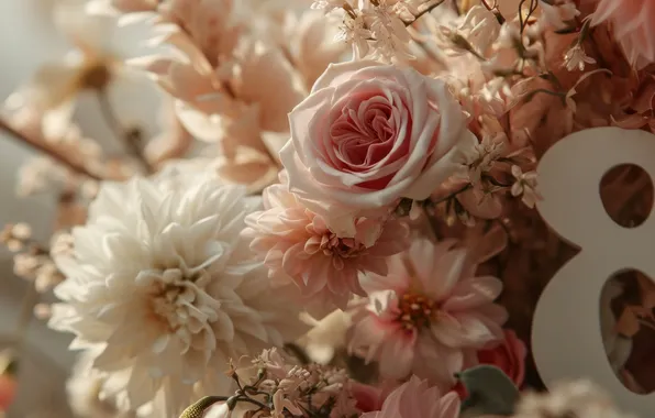 Flowers, holiday, roses, bouquet, spring, figure, pink, white
