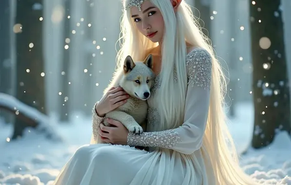 Winter, forest, girl, snow, decoration, wolf, dog, the snow