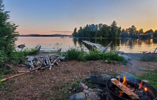 Fire, trees, sunset, lake