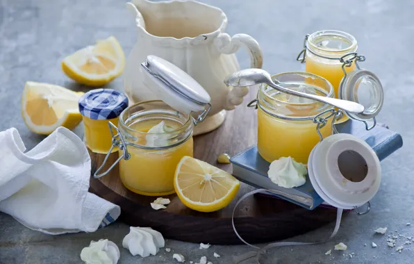 Picture jars, dessert, lemons, meringue, lemon cream