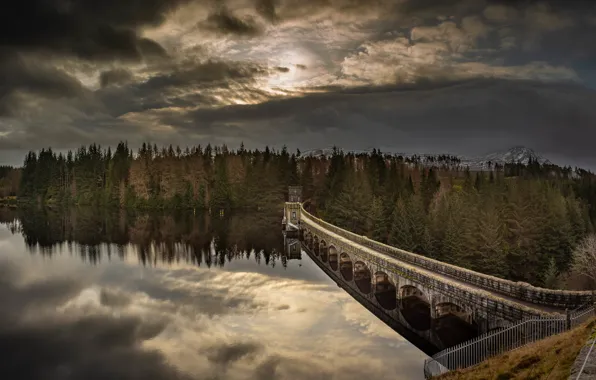 Autumn, forest, clouds, mountains, clouds, bridge, castle, shore