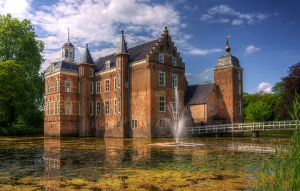 The city, pond, photo, castle, fountain, Netherlands, Huize Ruurlo