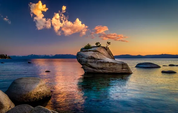 Trees, mountains, lake, rocks, lake Tahoe