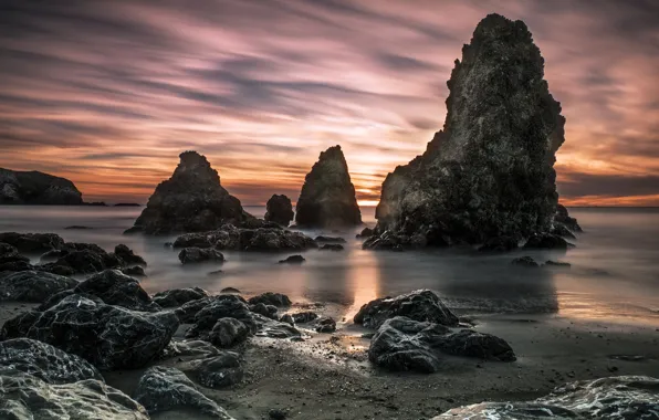 Landscape, sunset, nature, stones, the ocean, rocks, CA, USA