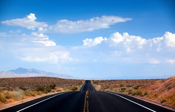 Road, clouds, desert, Nevada, USA