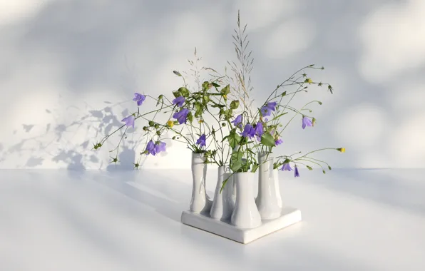 Flowers, bouquet, bells, light background, vases