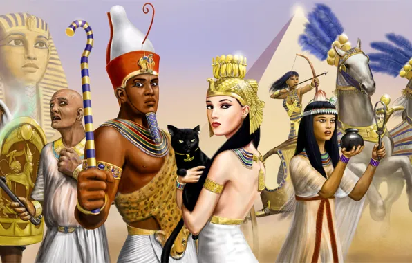 Cat, girls, horses, chariot, warrior, art, pyramid, Pharaoh