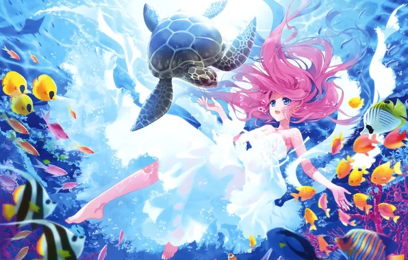 Picture girl, fish, anime, art, under water, smile, turtles, carnelian