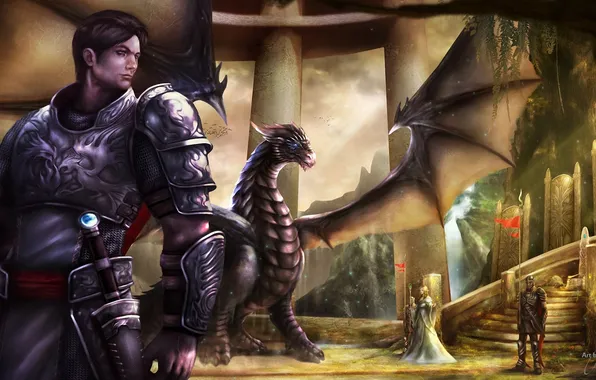 Girl, dragon, sword, warrior, fantasy, art, security, columns