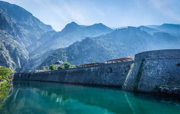 Picture forest, mountains, lake, wall, Montenegro, Kotor city walls