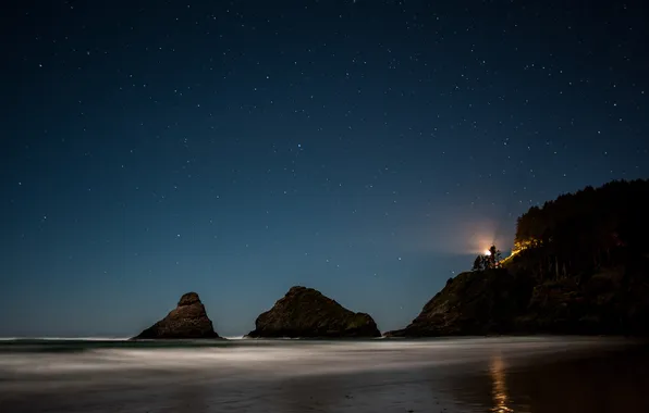 Beach, trees, rocks, lighthouse, Oregon, beach, trees, Oregon