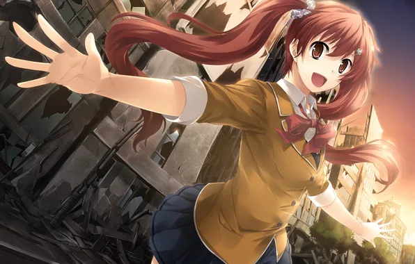 The wreckage, the city, emotions, weapons, hands, girl, ruins, game cg