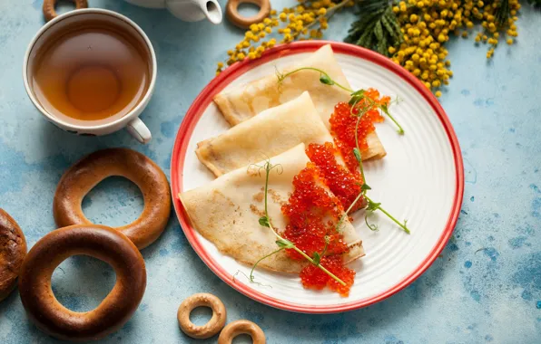 Bagels, Caviar, Pancakes, Mimosa