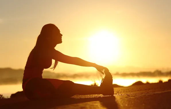 Woman, sunset, silhouette, training, Elongation