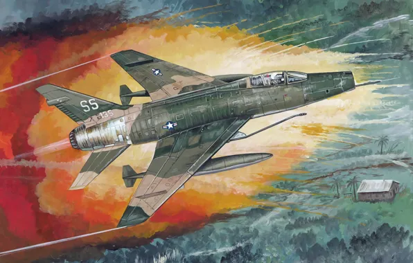 War, art, painting, aviation, vietnam war, F-100 Super Sabre, american jet