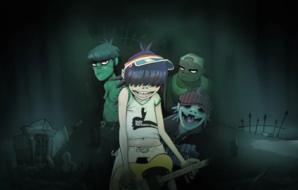 Cartoon, Gorillaz, animation, Russell, Noodle, Murdoch, virtual project, Gorilaz