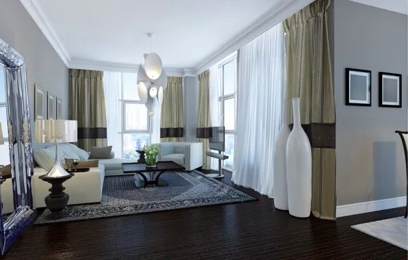 Room, window, chandelier, curtains, living room