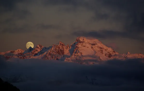 Winter, the sky, clouds, snow, mountains, nature, rocks, the moon