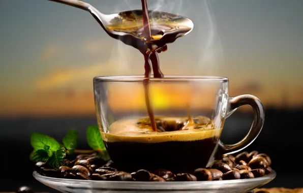 Coffee, spoon, coffee beans, aroma, coffee, spoon, coffee beans, mint leaves