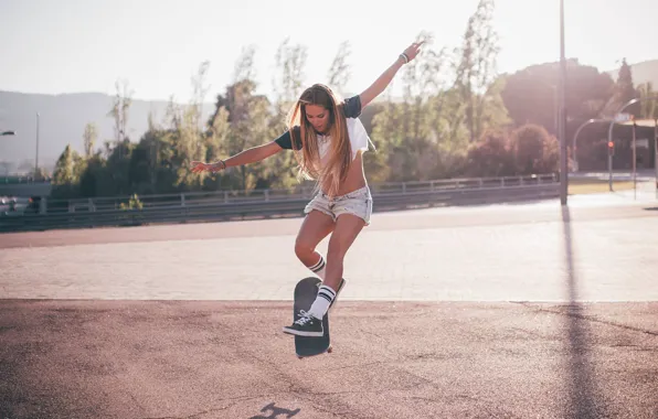 Picture face, pose, hair, body, figure, legs, skate