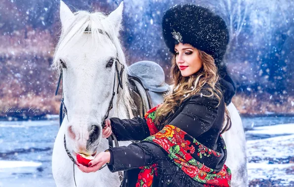 Girl, snow, hat, horse, Apple, shawl