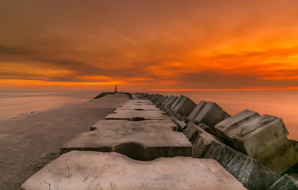 Sea, sunset, lighthouse
