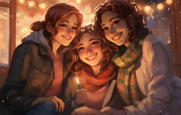 Girls, Candle, Smile, Christmas, New year, Joy, Three, Digital art