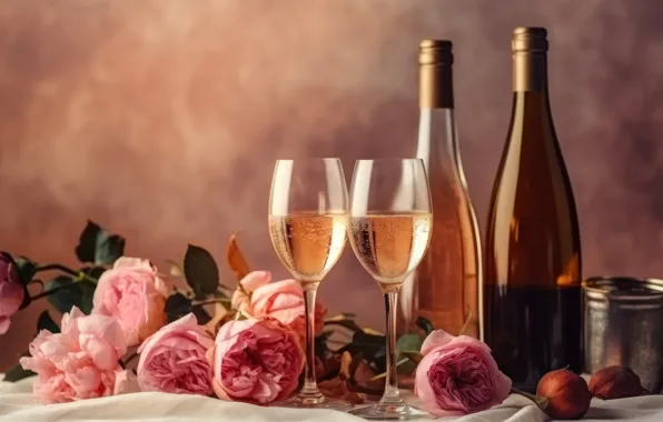 Flowers, table, holiday, wine, bottle, roses, bouquet, glasses