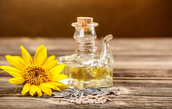 Glass, Board, sunflower, seeds, bottle, vegetable oil, sunflower oil