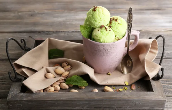 Picture balls, spoon, ice cream, mug, nuts, mint, dessert, sweet