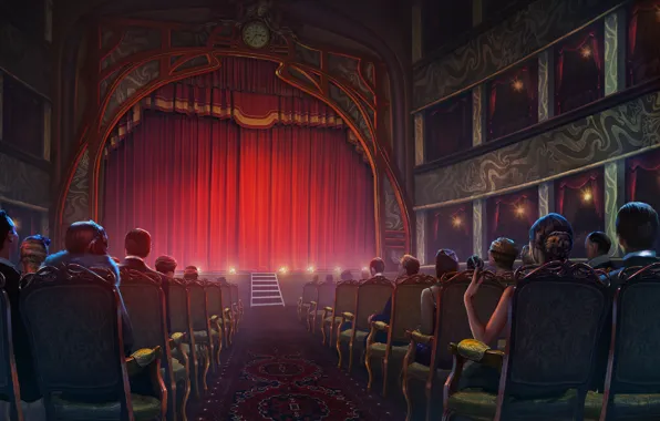 Picture scene, chairs, curtain, the audience, Theatre