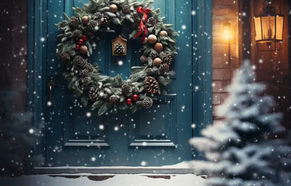 Winter, snow, decoration, tree, New Year, the door, Christmas, Christmas